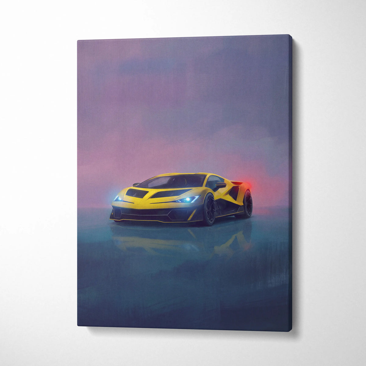 Lamborghini fenomeno inspired canvas art featuring a vibrant yellow and black sports car with glowing headlights