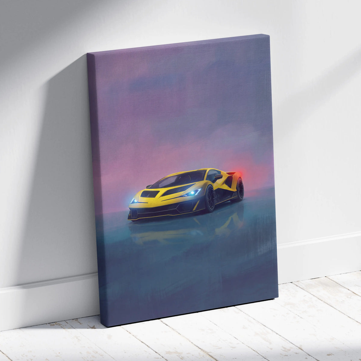 Lamborghini Fenomeno inspired canvas art featuring vibrant yellow and black sports car with neon purple pink sky background