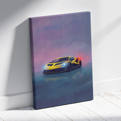 Lamborghini Fenomeno inspired canvas art featuring vibrant yellow and black sports car with neon purple pink sky background