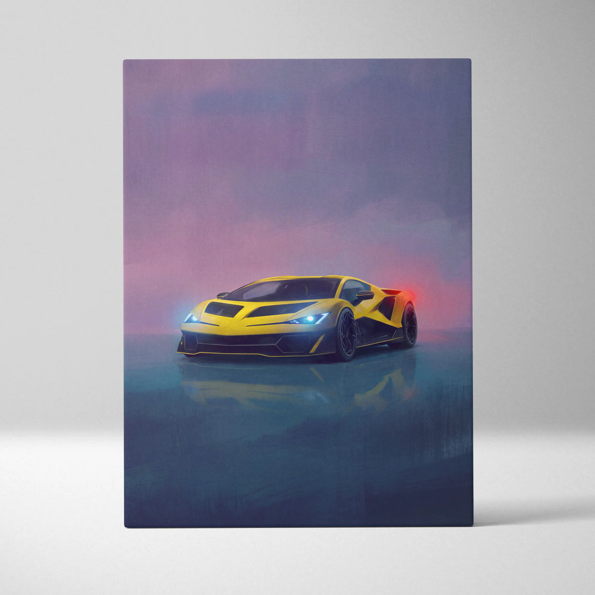 Lamborghini Fenomeno inspired canvas art featuring a vibrant yellow and black sports car with glowing headlights