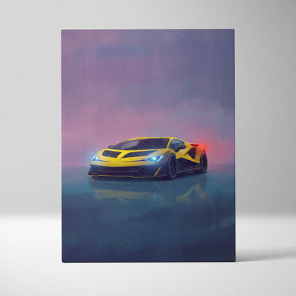 Lamborghini Fenomeno inspired canvas art featuring a vibrant yellow and black sports car with glowing headlights