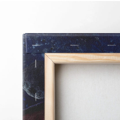 Epic space dragon canvas wall art in navy blue frame with white stitching