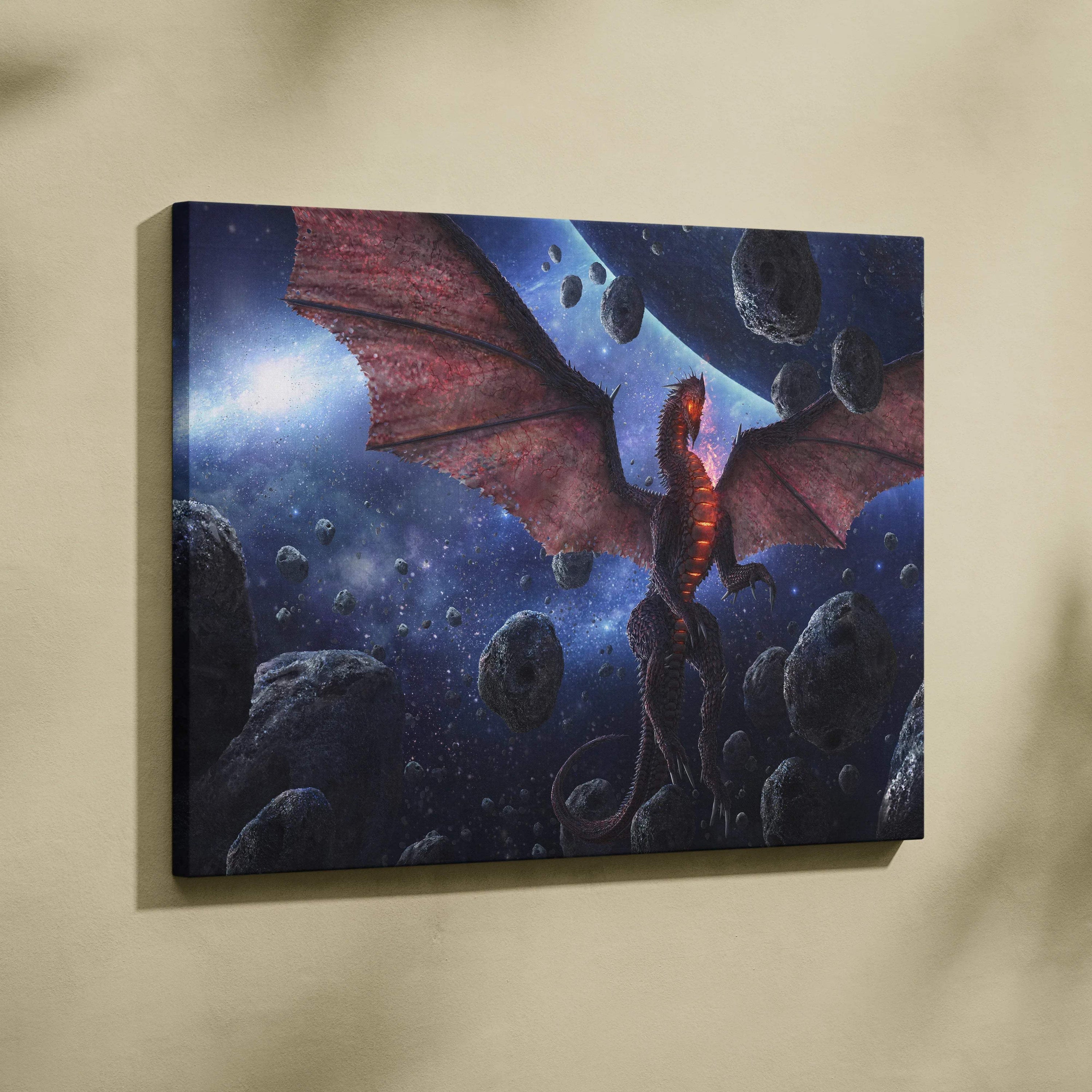 Vibrant red dragon with fiery flames soaring through deep blue cosmos canvas art