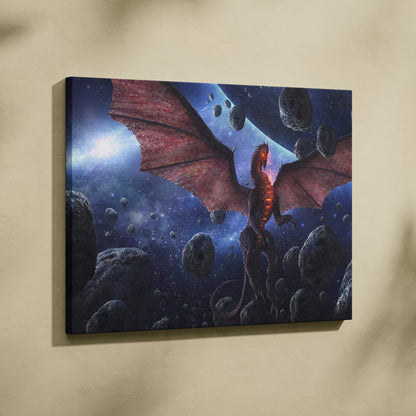 Vibrant red dragon with fiery flames soaring through deep blue cosmos canvas art