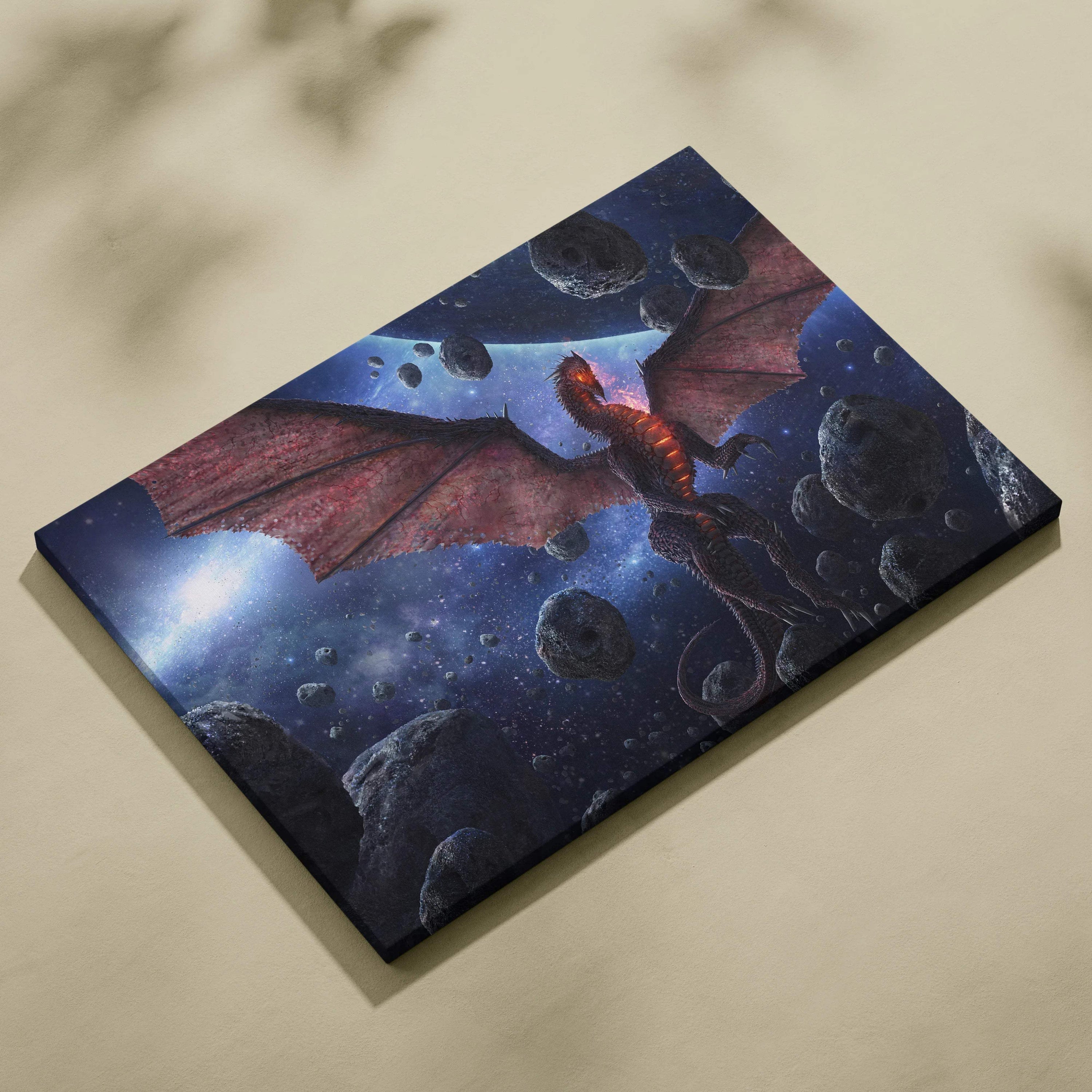 Vibrant red dragon with fiery flames soars through deep blue cosmos with asteroids on canvas