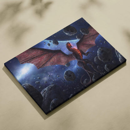 Vibrant red dragon with fiery flames soars through deep blue cosmos with asteroids on canvas
