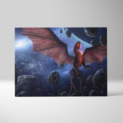 Majestic red dragon canvas art with fiery flames, blue cosmos, asteroids