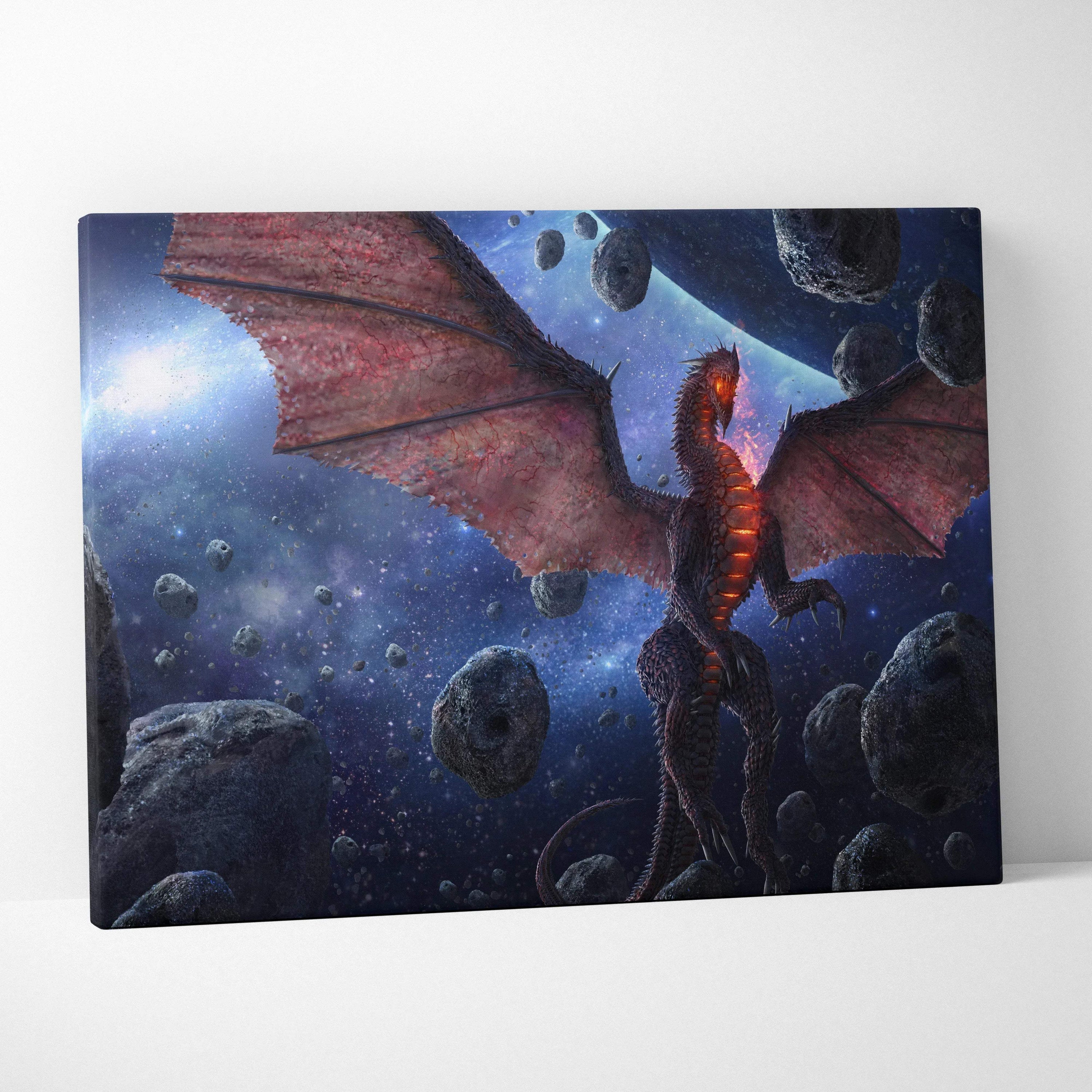 Epic red-scaled space dragon canvas wall art with fiery flames and asteroids