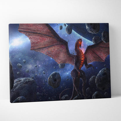 Epic red-scaled space dragon canvas wall art with fiery flames and asteroids