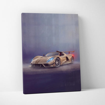 Gold-colored canvas print of hennessey venom f5 inspired sports car with glowing blue headlights and red taillights wall art