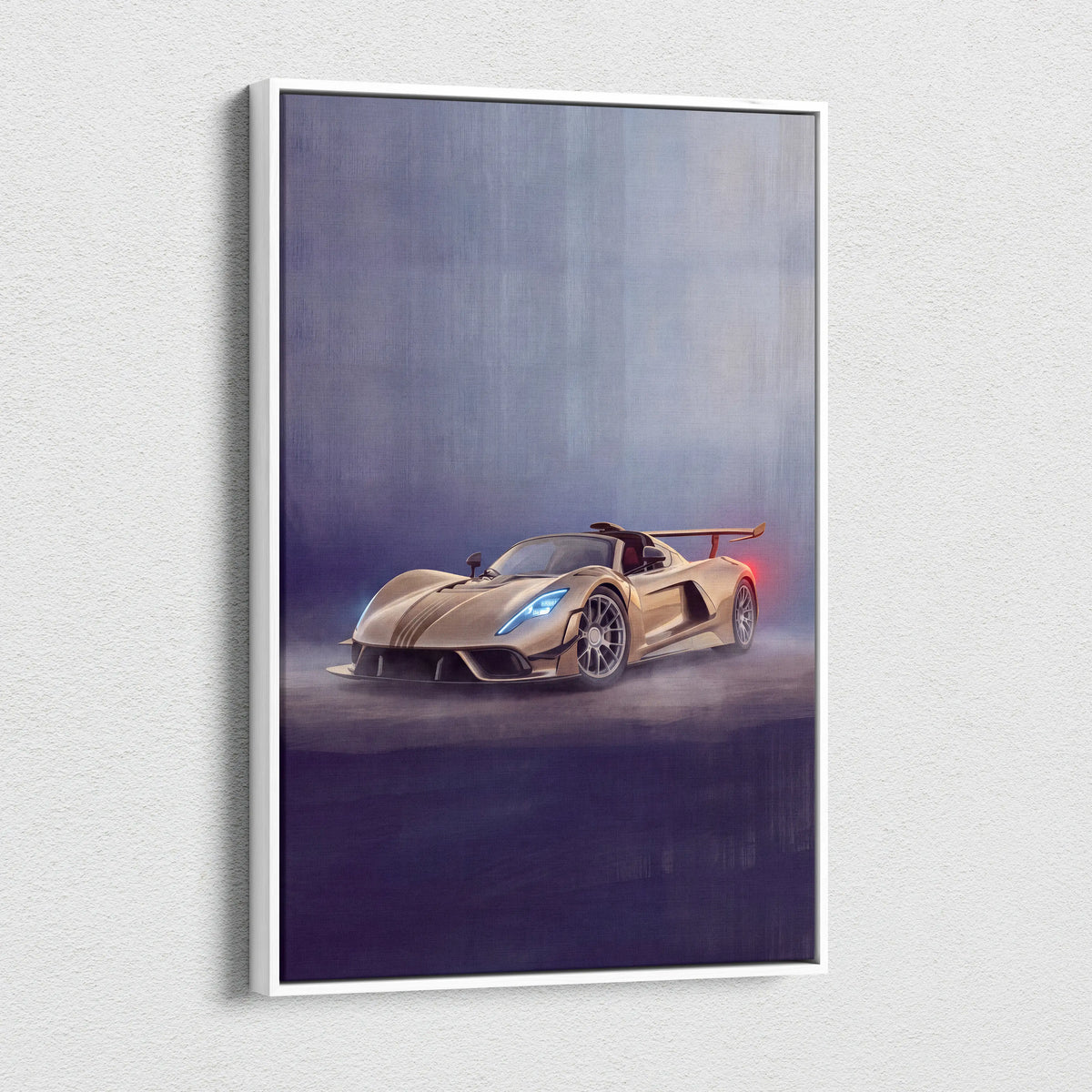 A framed canvas print of a golden Hennessey Venom F5 car with blue headlights and red taillights on a smoky purple background