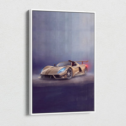 A framed canvas print of a golden Hennessey Venom F5 car with blue headlights and red taillights on a smoky purple background