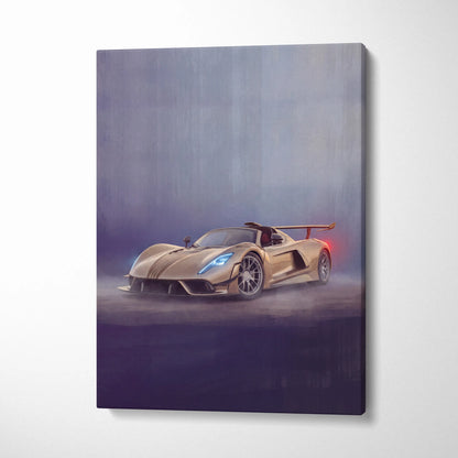 A sleek gold hennessey venom f5 hypercar depicted in a dynamic canvas painting print for wall art