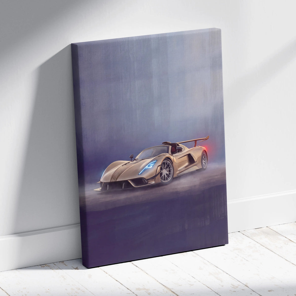 Hennessey venom f5 inspired gold futuristic sports car canvas print with glowing headlights and misty purple backdrop