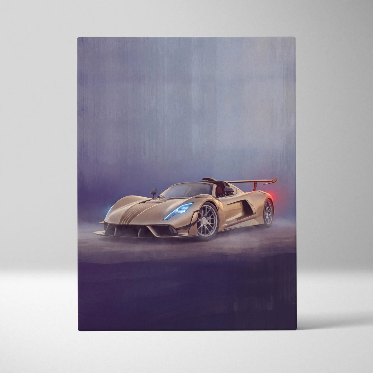 Hennessey venom f5 inspired car wall art canvas painting featuring golden car with glowing blue headlights and red taillights