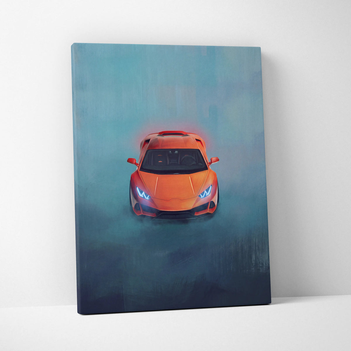 Lamborghini huracán inspired automotive wall art featuring a vibrant orange sports car on canvas with glowing blue headlights
