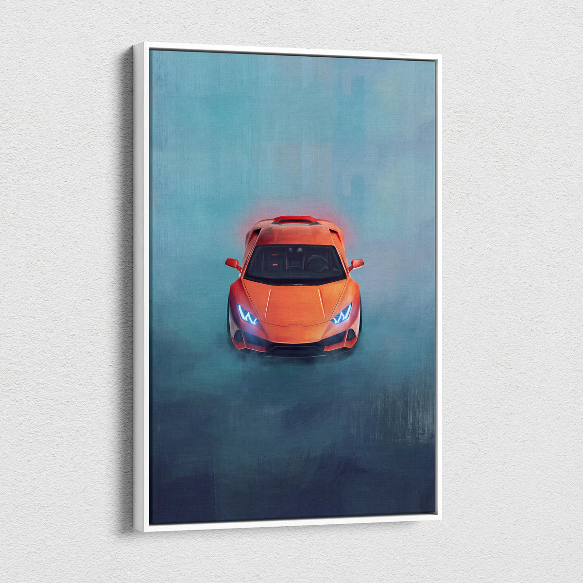 Framed orange lamborghini huracán wall art with glowing headlights on misty blue background luxury supercar canvas print