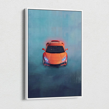 Framed orange lamborghini huracán wall art with glowing headlights on misty blue background luxury supercar canvas print
