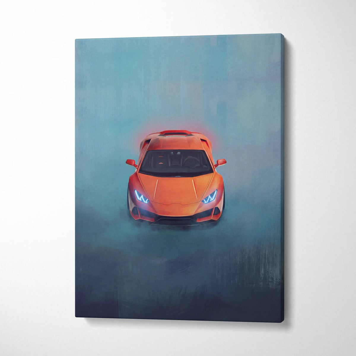 Lamborghini Huracán inspired automotive wall art featuring vibrant orange supercar in stylized misty canvas painting