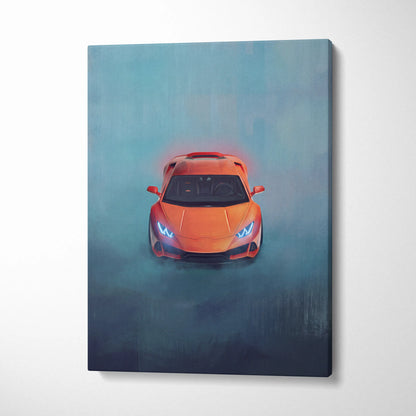 Lamborghini Huracán inspired automotive wall art featuring vibrant orange supercar in stylized misty canvas painting