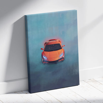 Lamborghini Huracán inspired luxury orange sports car canvas print with glowing blue headlights on smoky teal background