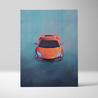 Lamborghini Huracán inspired luxury supercar canvas print featuring vibrant orange car with glowing blue headlights