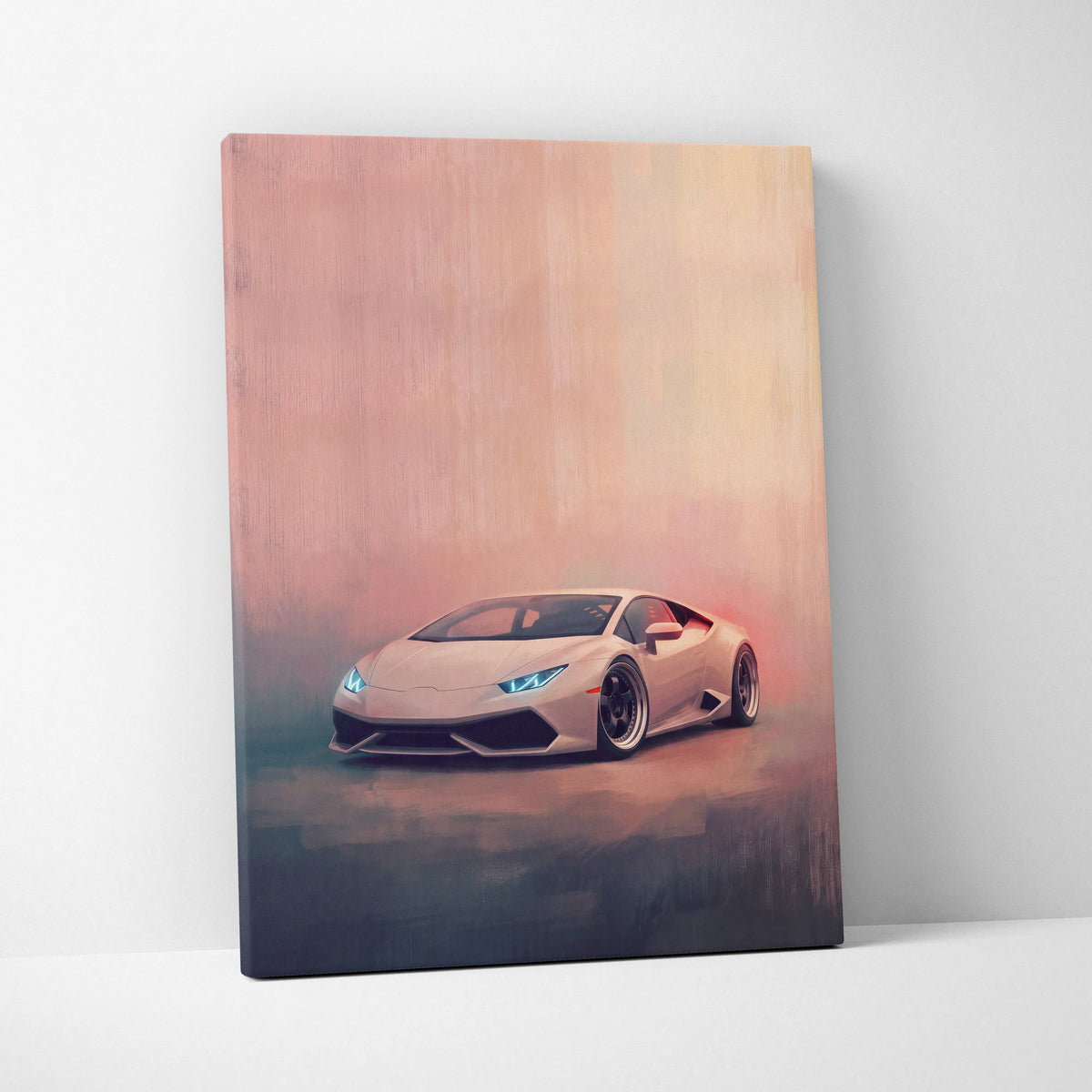 A sleek matte white lamborghini huracán sports car with glowing blue headlights on a custom canvas wall art print