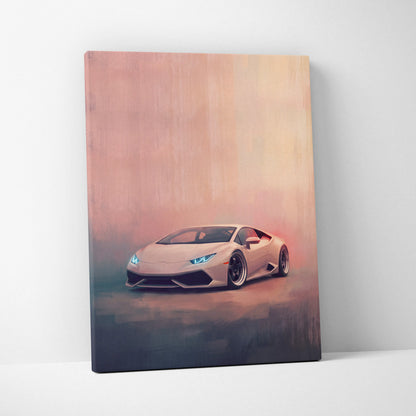 A sleek matte white lamborghini huracán sports car with glowing blue headlights on a custom canvas wall art print