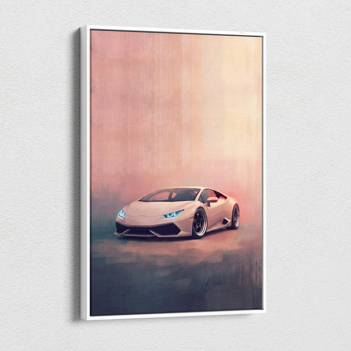 A framed canvas print of a light beige Lamborghini Huracán with blue headlights on a gradient background
