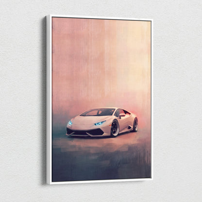 A framed canvas print of a light beige Lamborghini Huracán with blue headlights on a gradient background