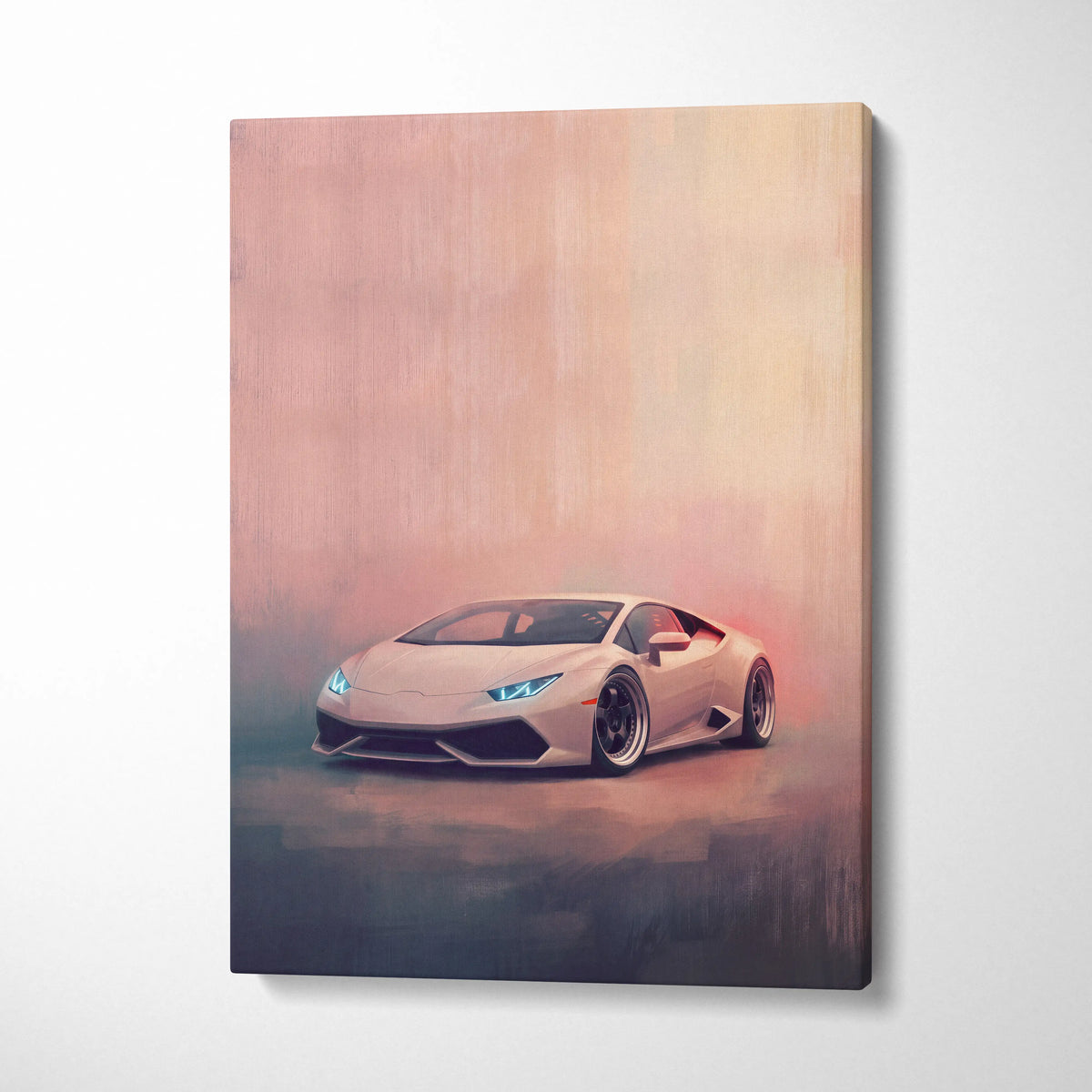 Lamborghini huracán inspired supercar canvas art featuring a sleek white sports car with glowing blue headlights on a pink-gray background