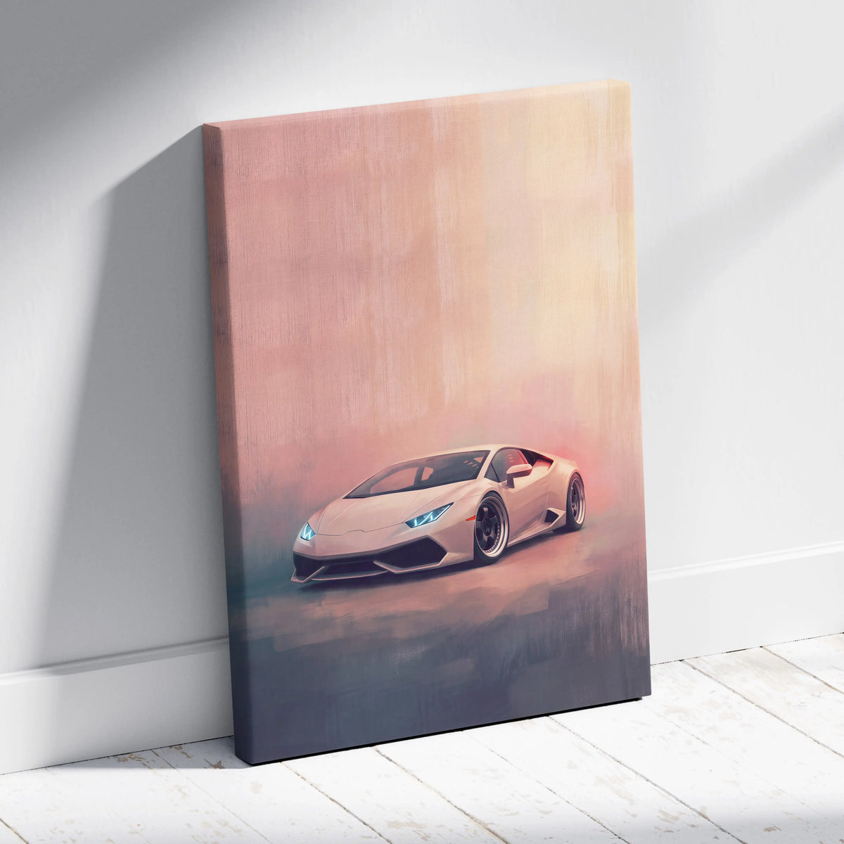 A canvas print of a light beige Lamborghini Huracán with glowing blue headlights on a peach and gray background