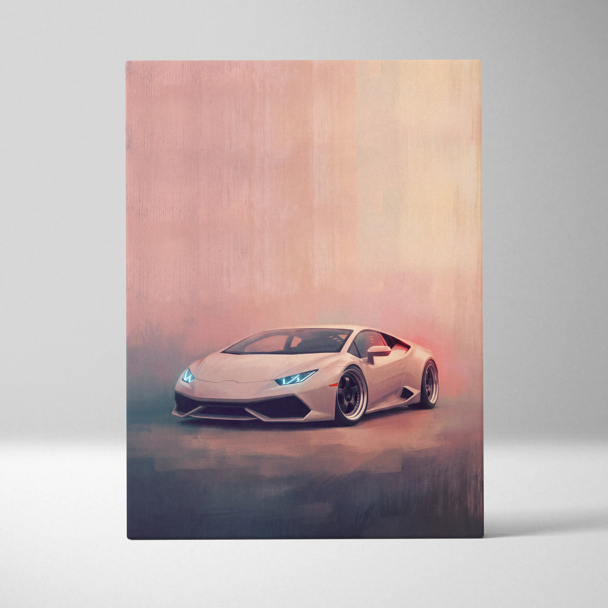 Lamborghini Huracán inspired supercar canvas art featuring a sleek light beige sports car with blue headlights and black wheels