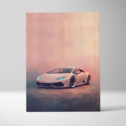Lamborghini Huracán inspired supercar canvas art featuring a sleek light beige sports car with blue headlights and black wheels