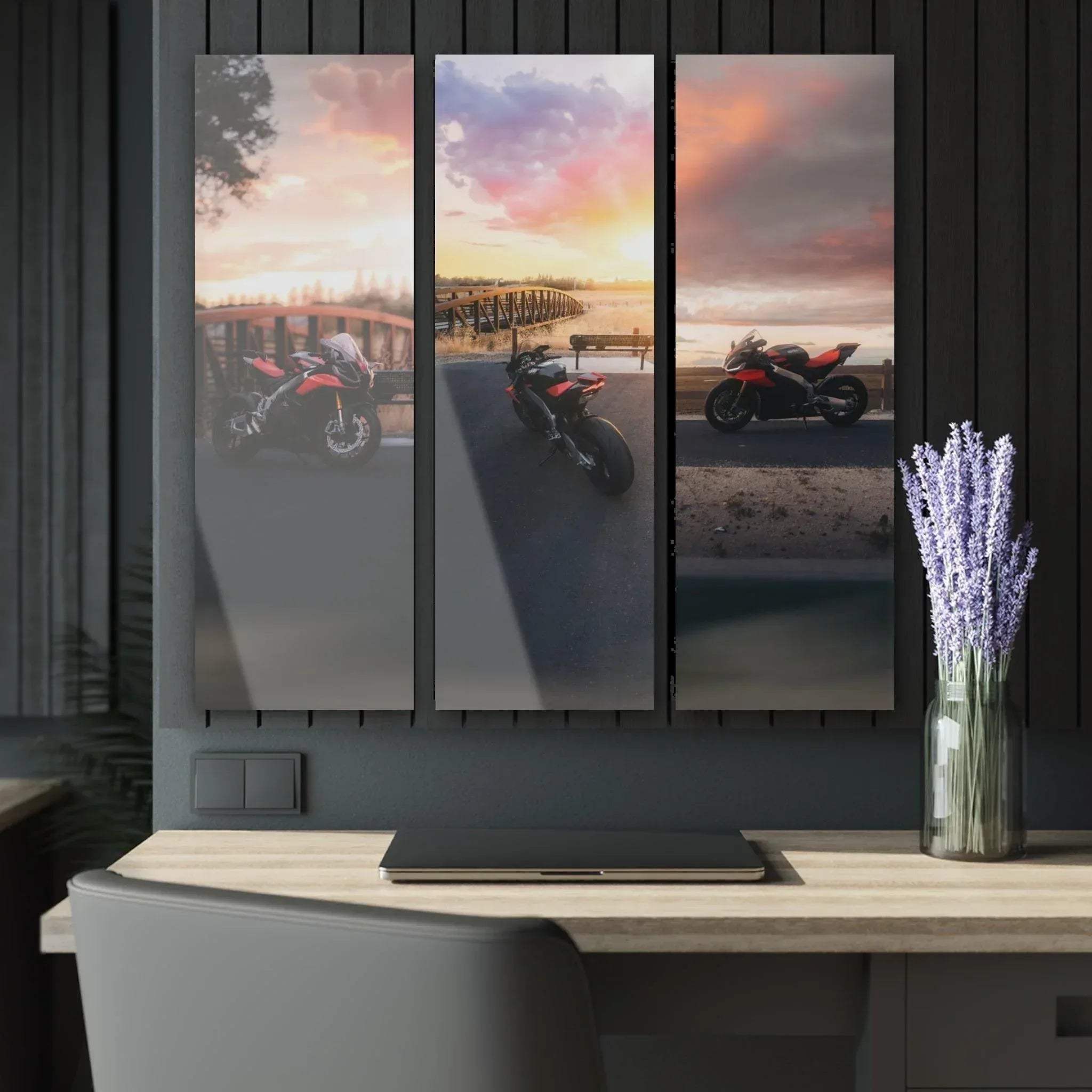 Aprilia RSV4 1100 Factory motorcycle canvas art triptych wall art with sunset beach background.