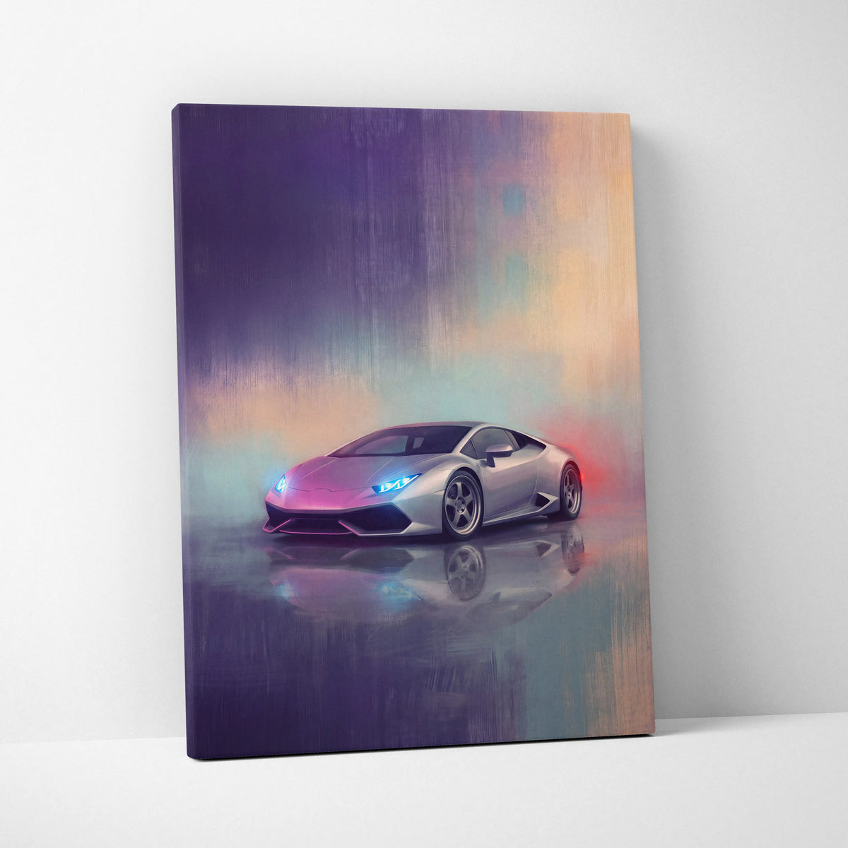 Silver Lamborghini Huracán sports car in neon-lit canvas painting premium automotive wall decor artwork
