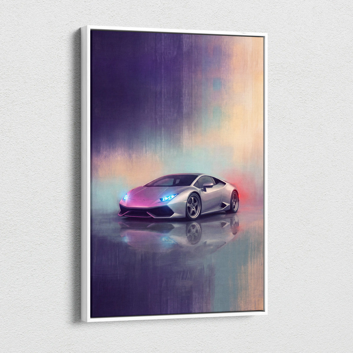 Silver Lamborghini Huracán inspired canvas art featuring vibrant stylized painting with glowing headlights and reflective surface