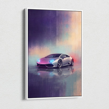 Silver Lamborghini Huracán inspired canvas art featuring vibrant stylized painting with glowing headlights and reflective surface