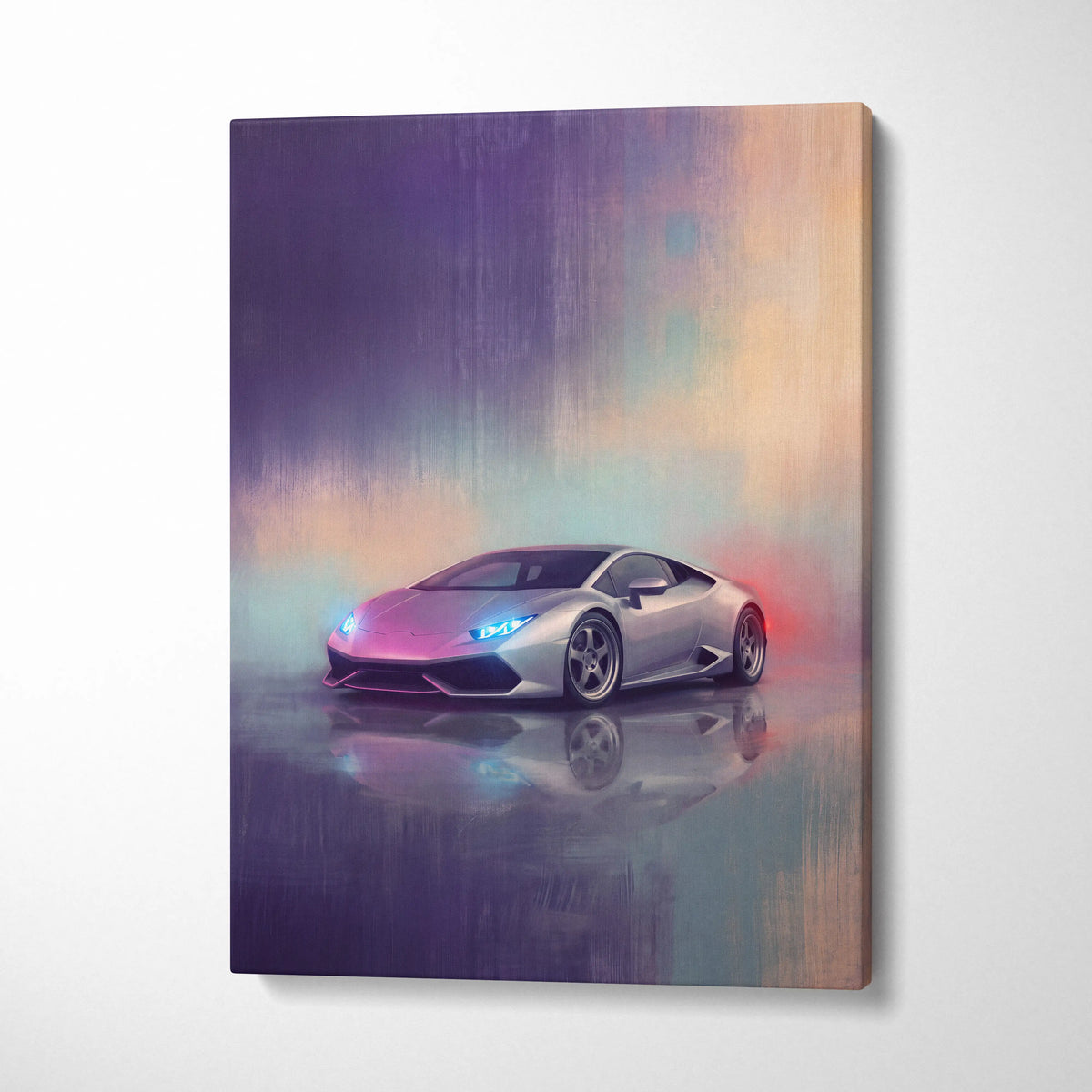 Silver Lamborghini Huracán neon-lit digital artwork on canvas premium automotive wall decor for car enthusiasts