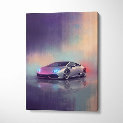 Silver Lamborghini Huracán neon-lit digital artwork on canvas premium automotive wall decor for car enthusiasts