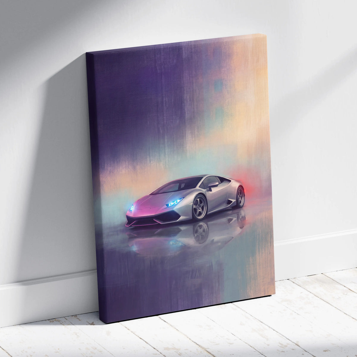 Silver Lamborghini Huracán inspired canvas art with neon lighting vibrant gradient background premium wall decor