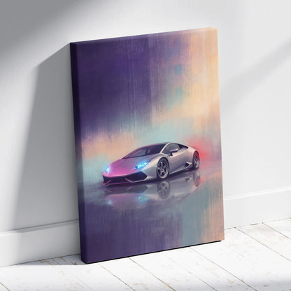 Silver Lamborghini Huracán inspired canvas art with neon lighting vibrant gradient background premium wall decor