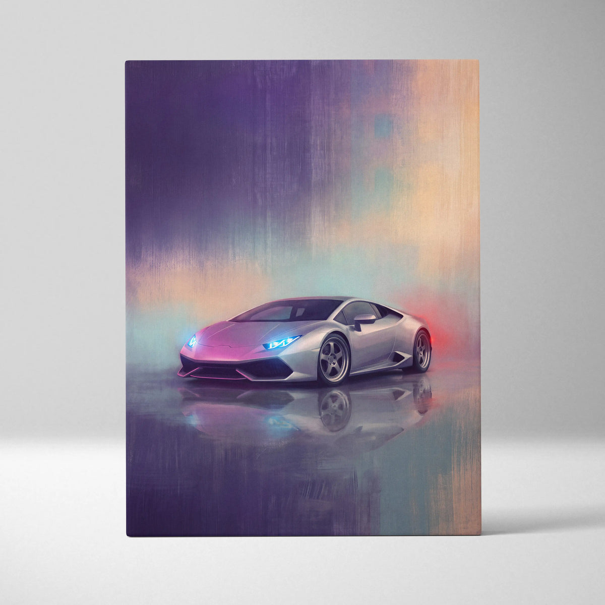Silver Lamborghini Huracán inspired canvas art with glowing blue headlights and reflective surface for wall decor