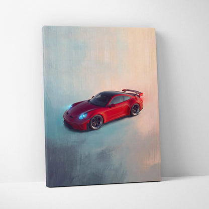 Red Porsche 911 GT3 inspired sports car wall art canvas print with glowing blue headlights and black roof track edition