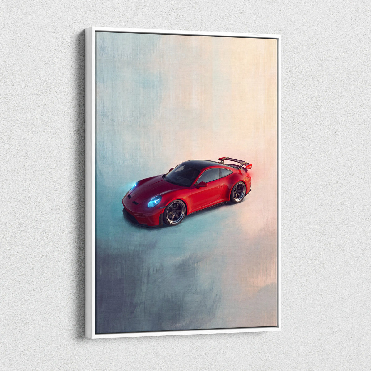 Red Porsche 911 GT3 inspired sports car illustration on a white frame canvas print for wall art display