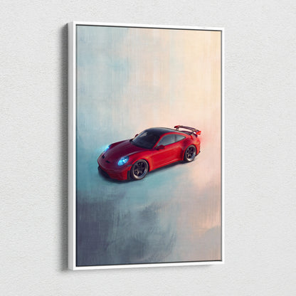 Red Porsche 911 GT3 inspired sports car illustration on a white frame canvas print for wall art display
