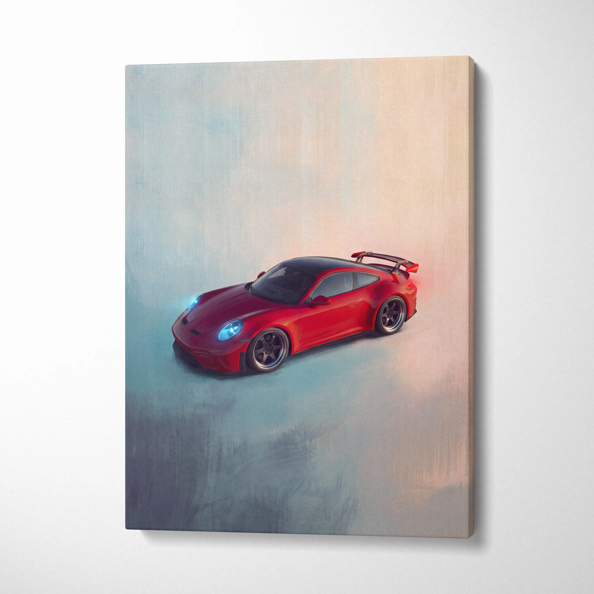 Red porsche 911 gt3 inspired sports car wall art painting print with glowing blue headlights and black roof on canvas