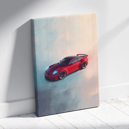 Red porsche 911 gt3 inspired sports car wall art canvas print with glowing blue headlights and black roof on white wall