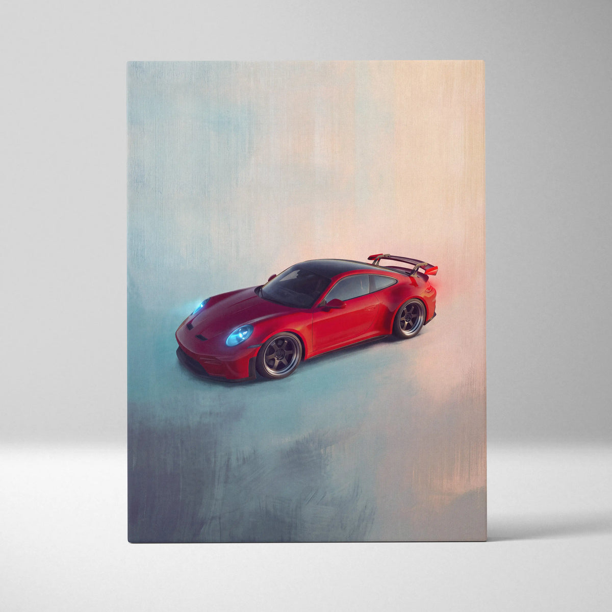 Porsche 911 GT3 inspired canvas painting print featuring a vibrant red car with black roof and racing spoiler