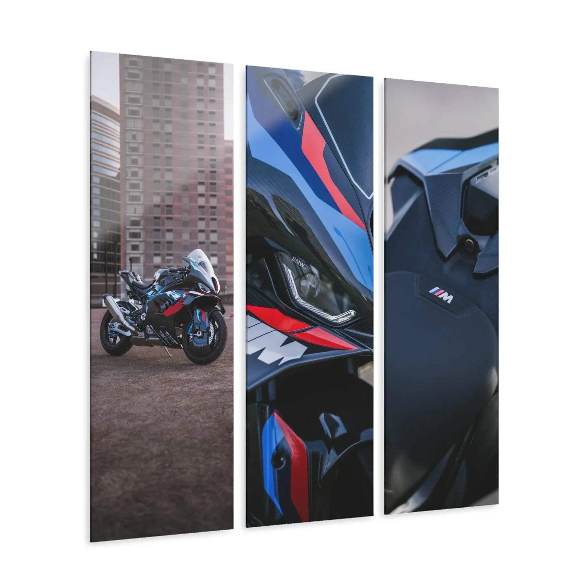 BMW M1000RR motorcycle triptych canvas art with cityscape background, modern wall art panels.